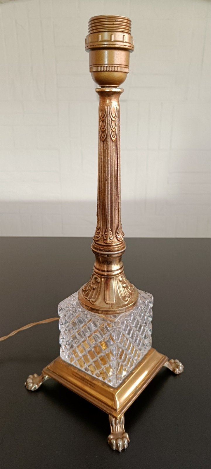 Antieke lampenvoet messing/kristal., Antiek en Kunst, Ophalen of Verzenden