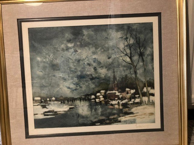 Lithographie des patineurs sur la Lys d'Albert Severys, Enlèvement, Paysages, Lithographie