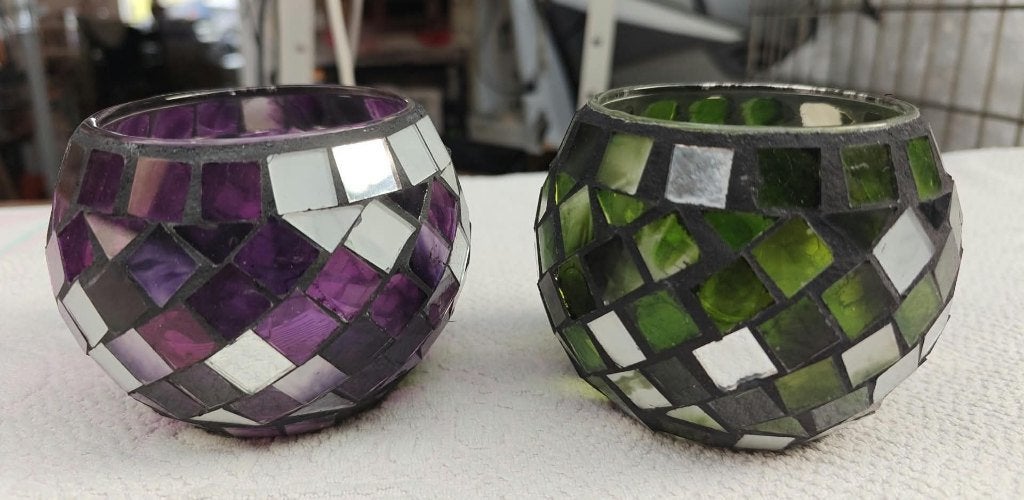 theelicht houders in glas groen en paars groot, Windlicht, Overige merken, Ophalen of Verzenden, 6 cm