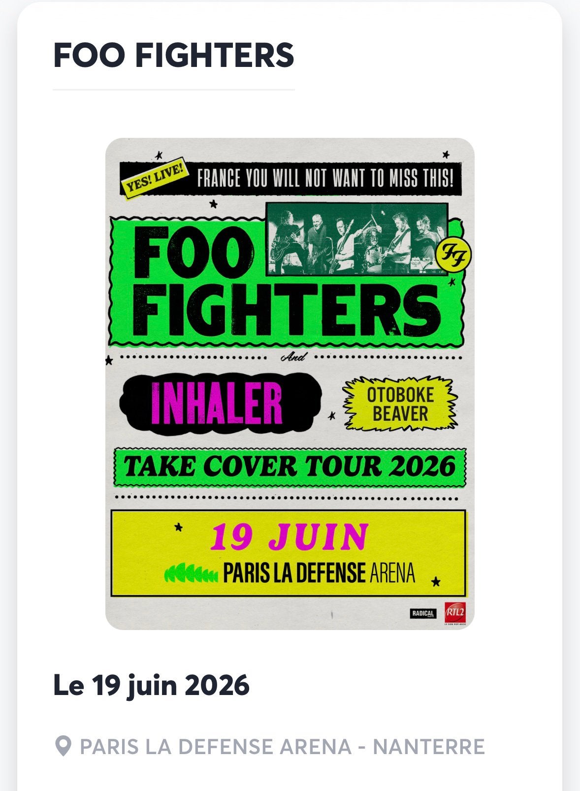 Billet Foo Fighters à Paris le 19/6