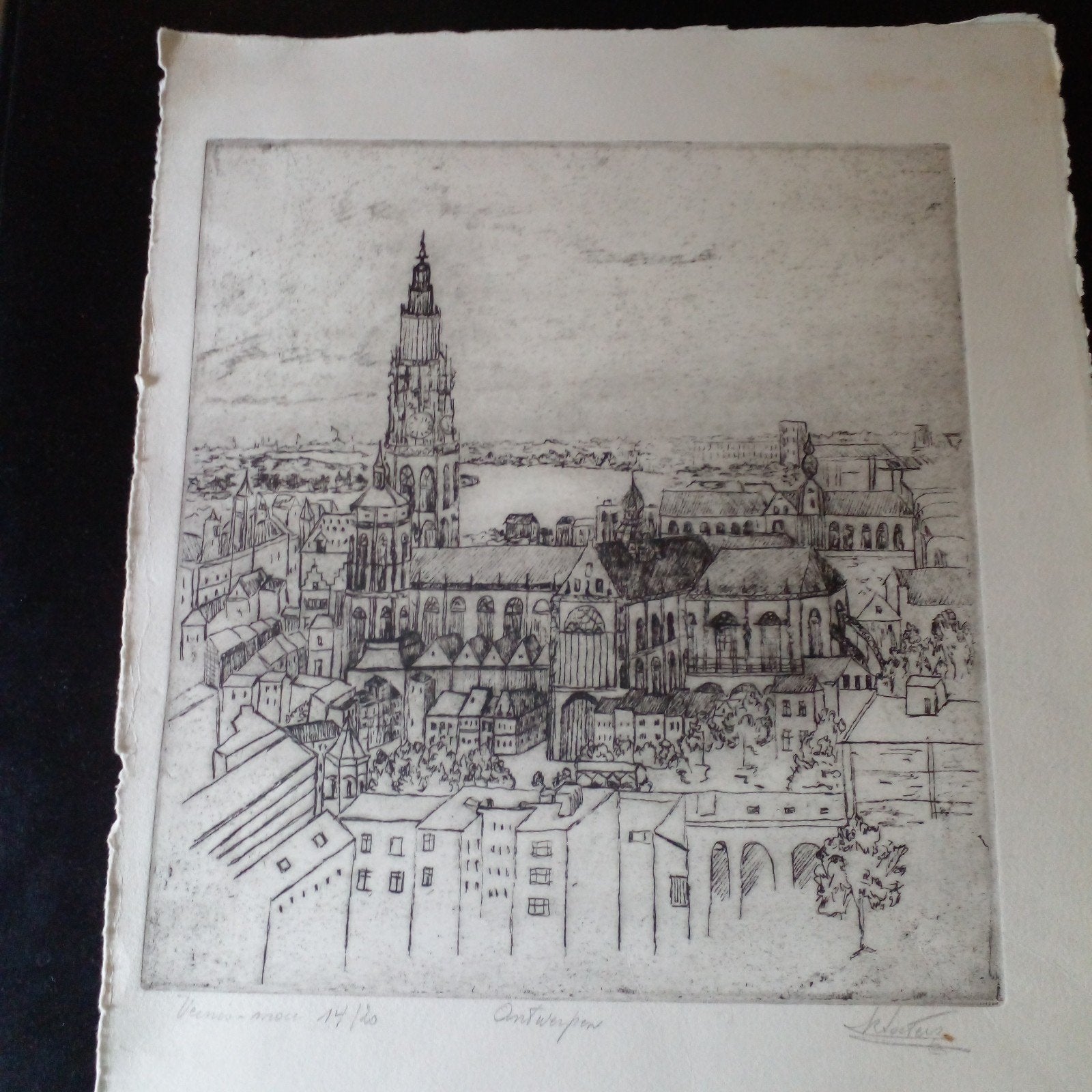 mooie tekening van Antwerpen op dik papier, Enlèvement