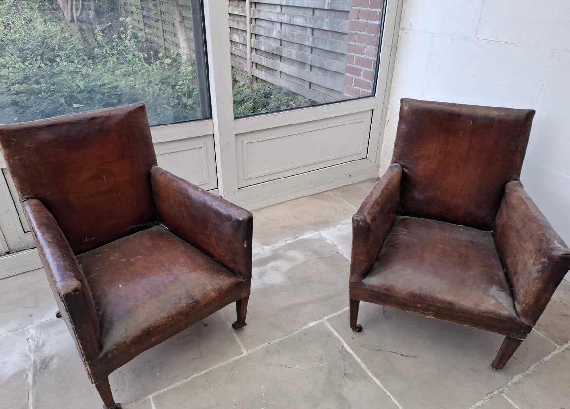 Set van 2 vintage bruine leren fauteuils / clubstoelen., Enlèvement, Utilisé, Cuir
