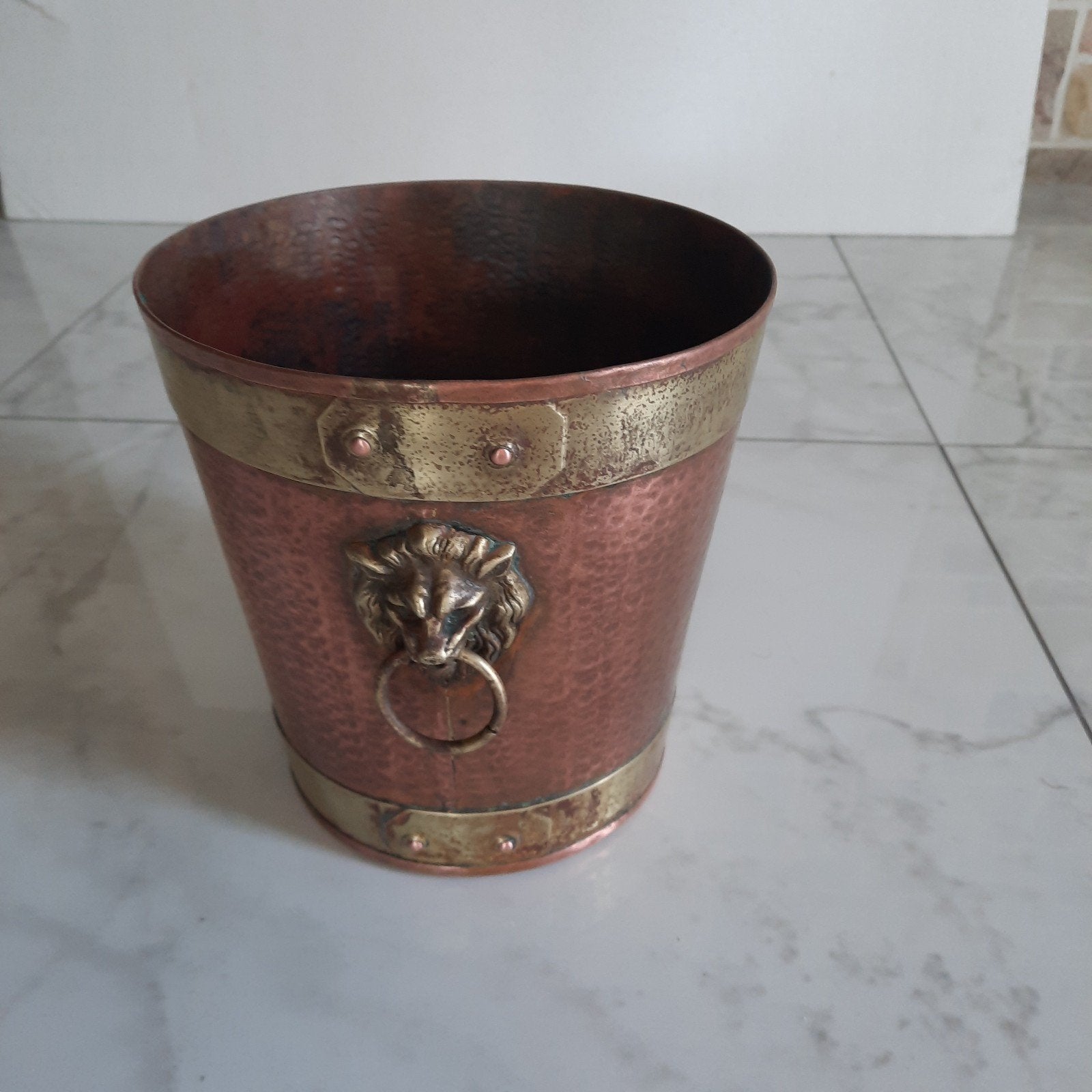cache pot en cuivre rouge et bronze, poinçonné, vintage, Enlèvement, Cuivre