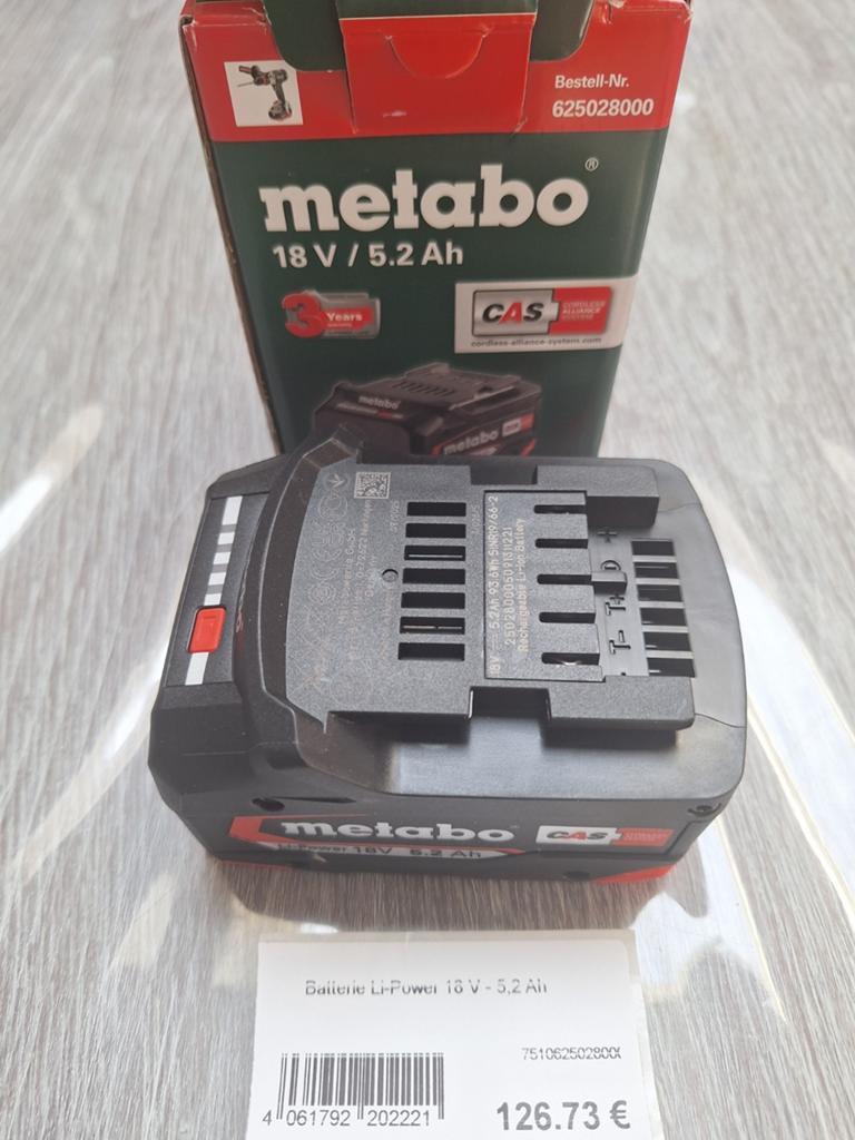 Batterie li power metabo 18v 5.2Ah valeur 126€, Bricolage & Construction, Enlèvement, Neuf