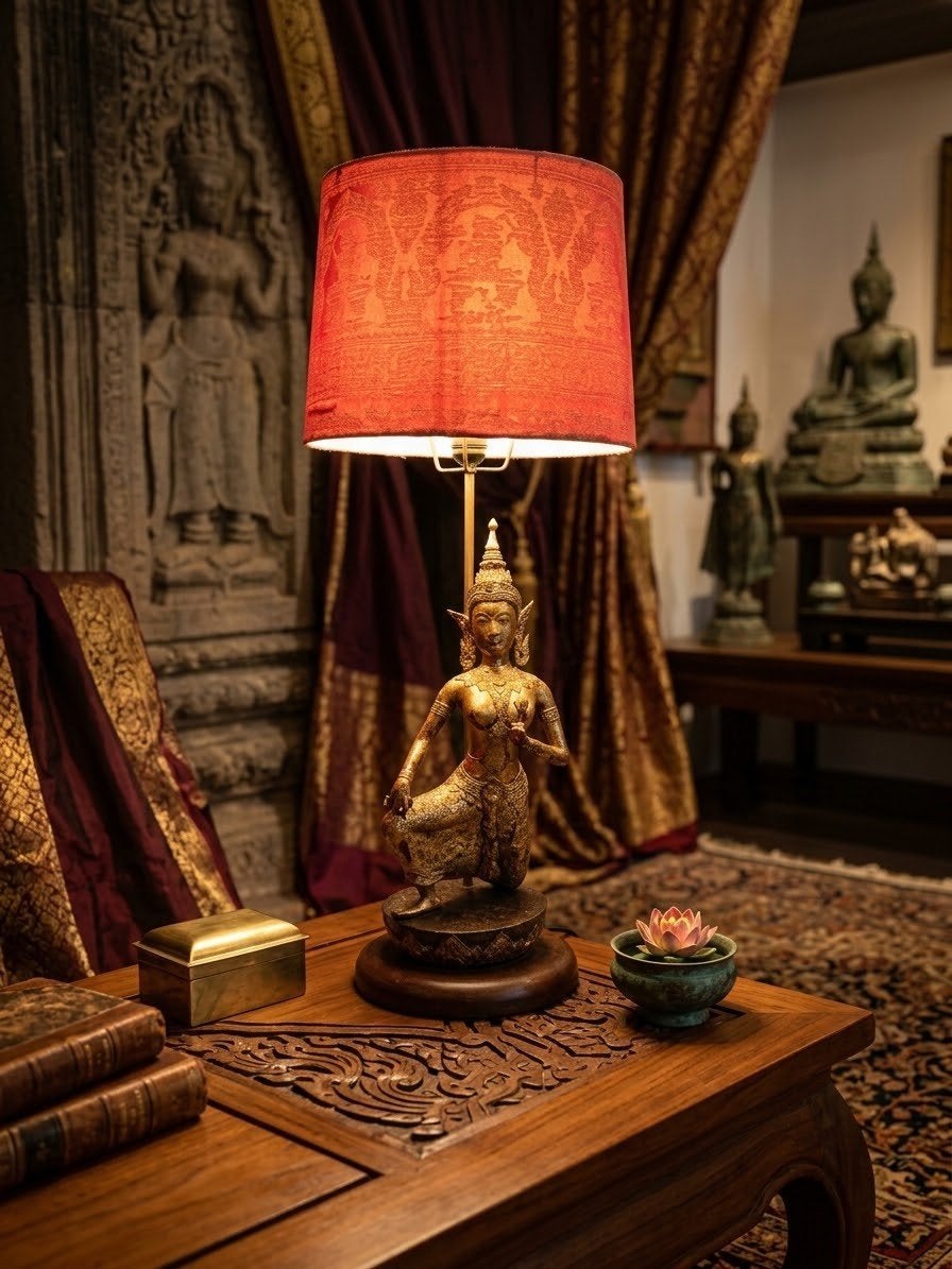 Grande lampe bronze doré fin 19e thaïlandaise rattanakosin, Antiquités & Art, Fait main, Sculpture, Enlèvement ou Envoi, Bronze