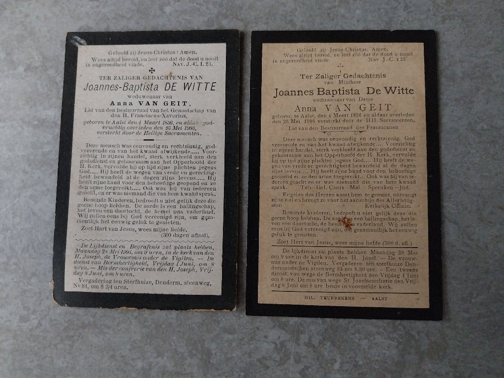Doodsprentjes De Witte Van Geit Aalst 1906, Ophalen of Verzenden, Rouwkaart
