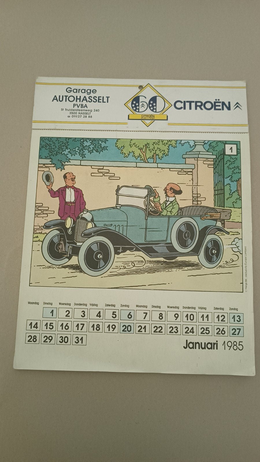 Kalender Citroën 1985 ontworpen door Hergé., Ophalen of Verzenden, Maandkalender, Zo goed als nieuw
