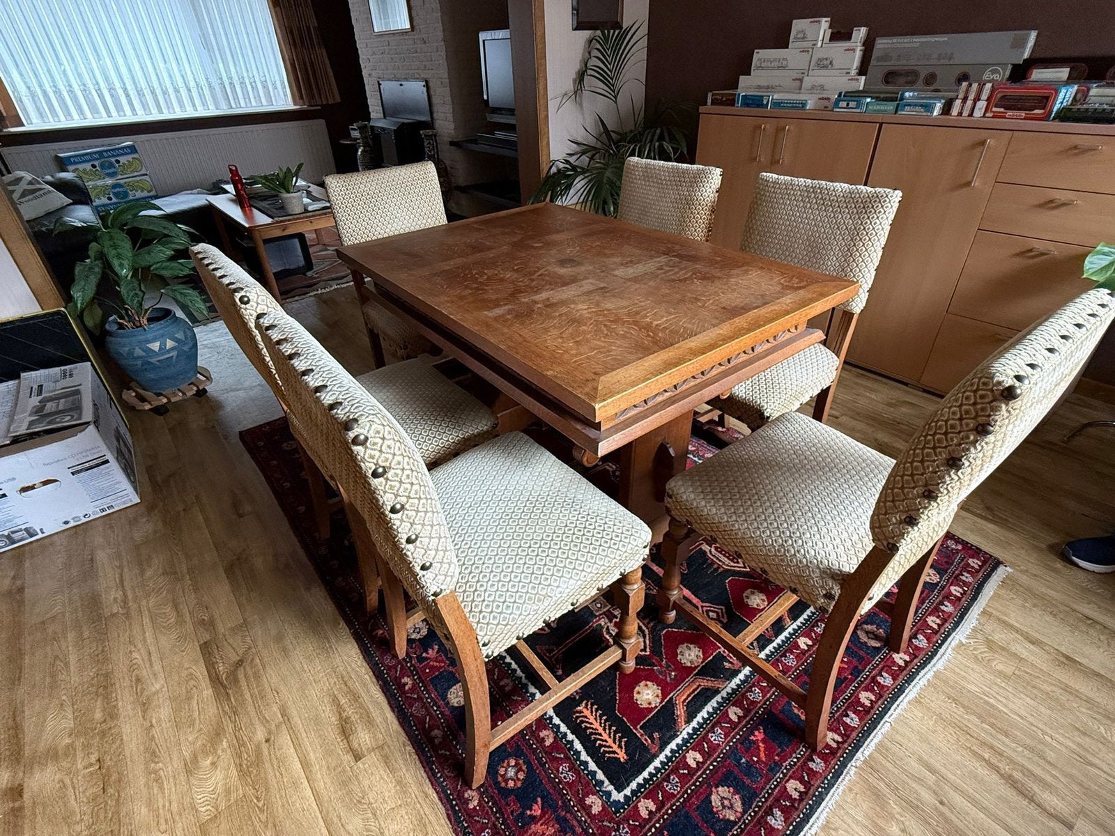 Eiken tafel/bureau + 6 stoelen, Ophalen, Gebruikt, 4 tot 6 stoelen