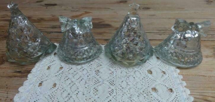 SALE 4 Zilverglas kandelaartjes 2 x kerstboom, 2 x bel, KERS, Diversen, Gebruikt, -, -, Ophalen of Verzenden