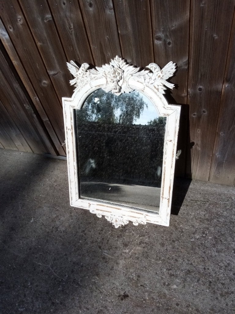 ANCIEN MIROIR BLANC, EN BOIS, 62 cm, Cadre miroir, Enlèvement, Utilisé