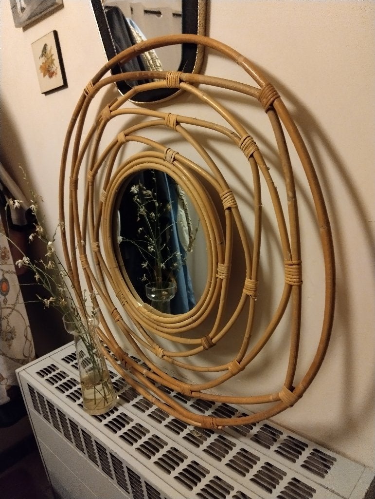 Knappe bamboespiegel 70 cm, Ophalen, Rond, Zo goed als nieuw, Minder dan 100 cm