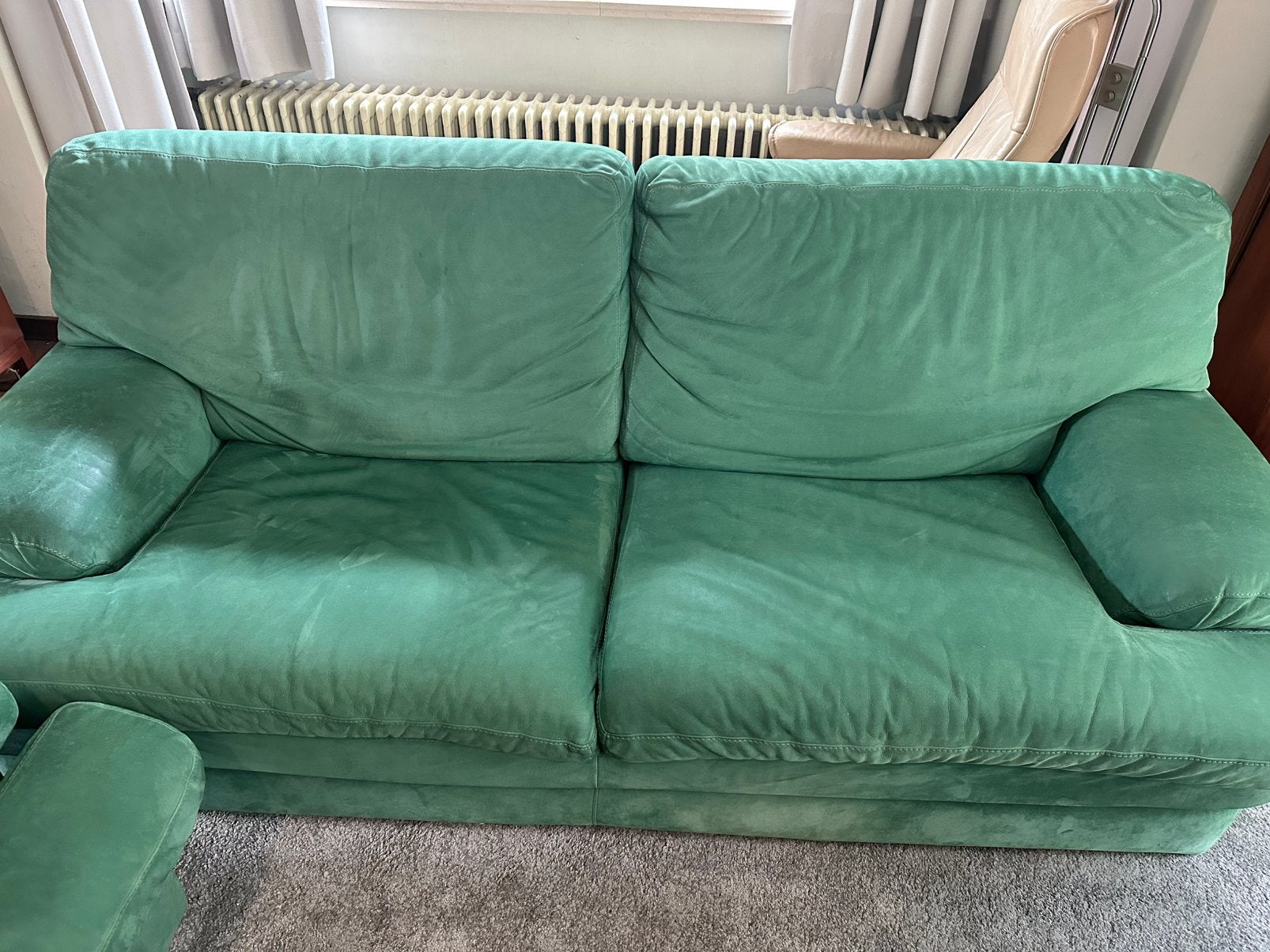 Salon groene nubuck 3-zit, 2-zit en 1 zit, Maison & Meubles, Canapés | Salons, Enlèvement, Utilisé, Autres dimensions, Banc droit