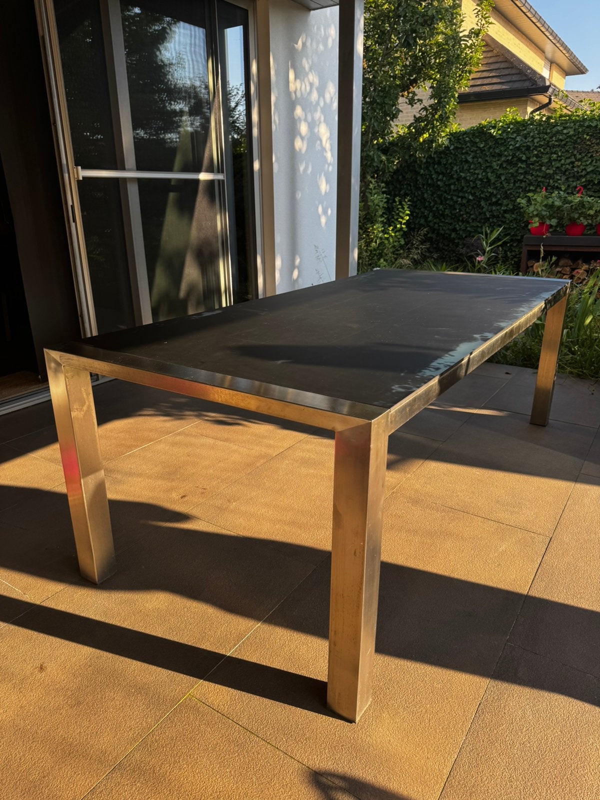 Inox tuintafel 220x100 met glazen blad, Ophalen, Gebruikt, Rechthoekig, Rvs