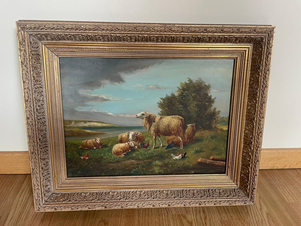 Oud schilderij op hout schaapjes, Antiek en Kunst, Ophalen