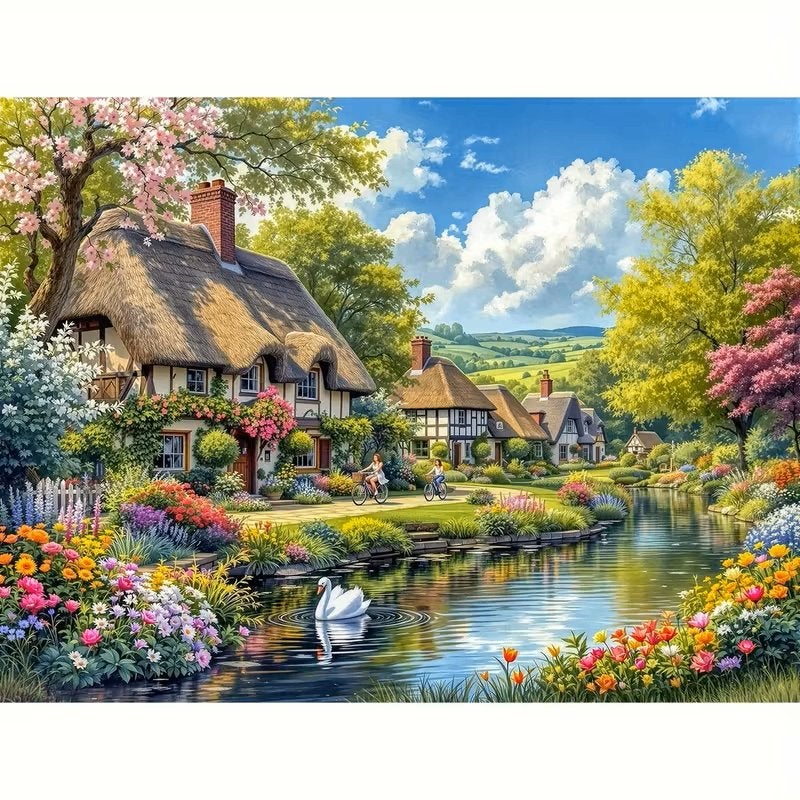 Peinture au diamant 50x40cm, prairie de village (ronde) n85, Neuf, Multicolore, Diamond painting, Autres matériaux
