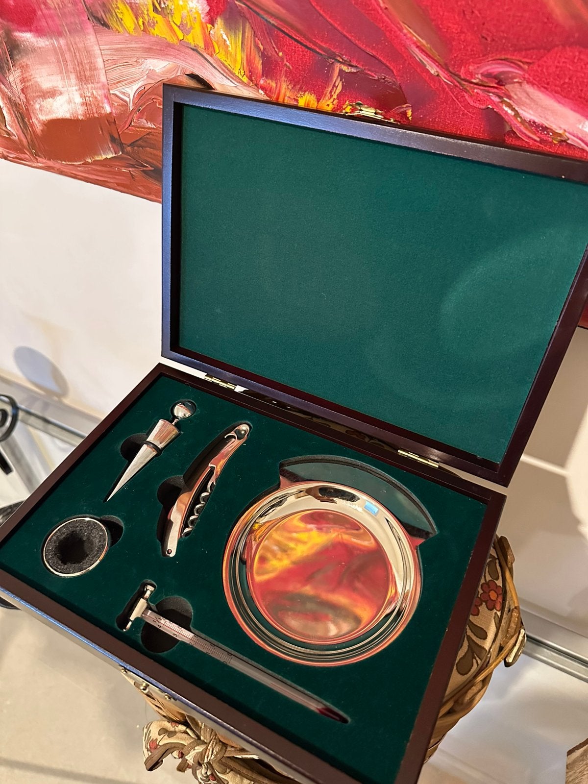 Ensemble d'accessoires pour le vin dans une boîte en bois, Collections, Enlèvement ou Envoi, Comme neuf