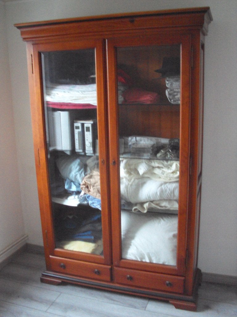 Kast massief Mahonie ,3 glazen liggers ,2 deuren en schuiven, Antiek en Kunst, Antiek | Meubels | Kasten, Ophalen
