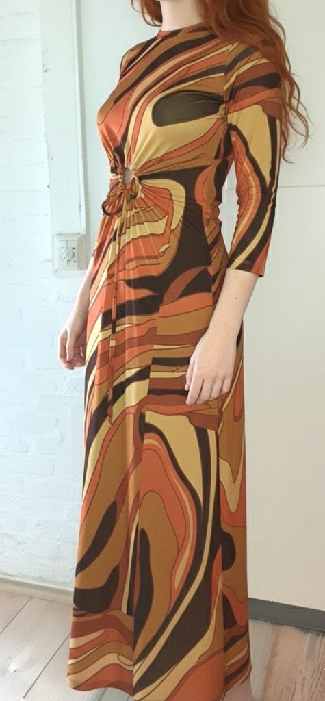 maxi jurk retro print met cut-out Stradivarius XS, Bruin, Nieuw, Ophalen of Verzenden, Maat 34 (XS) of kleiner