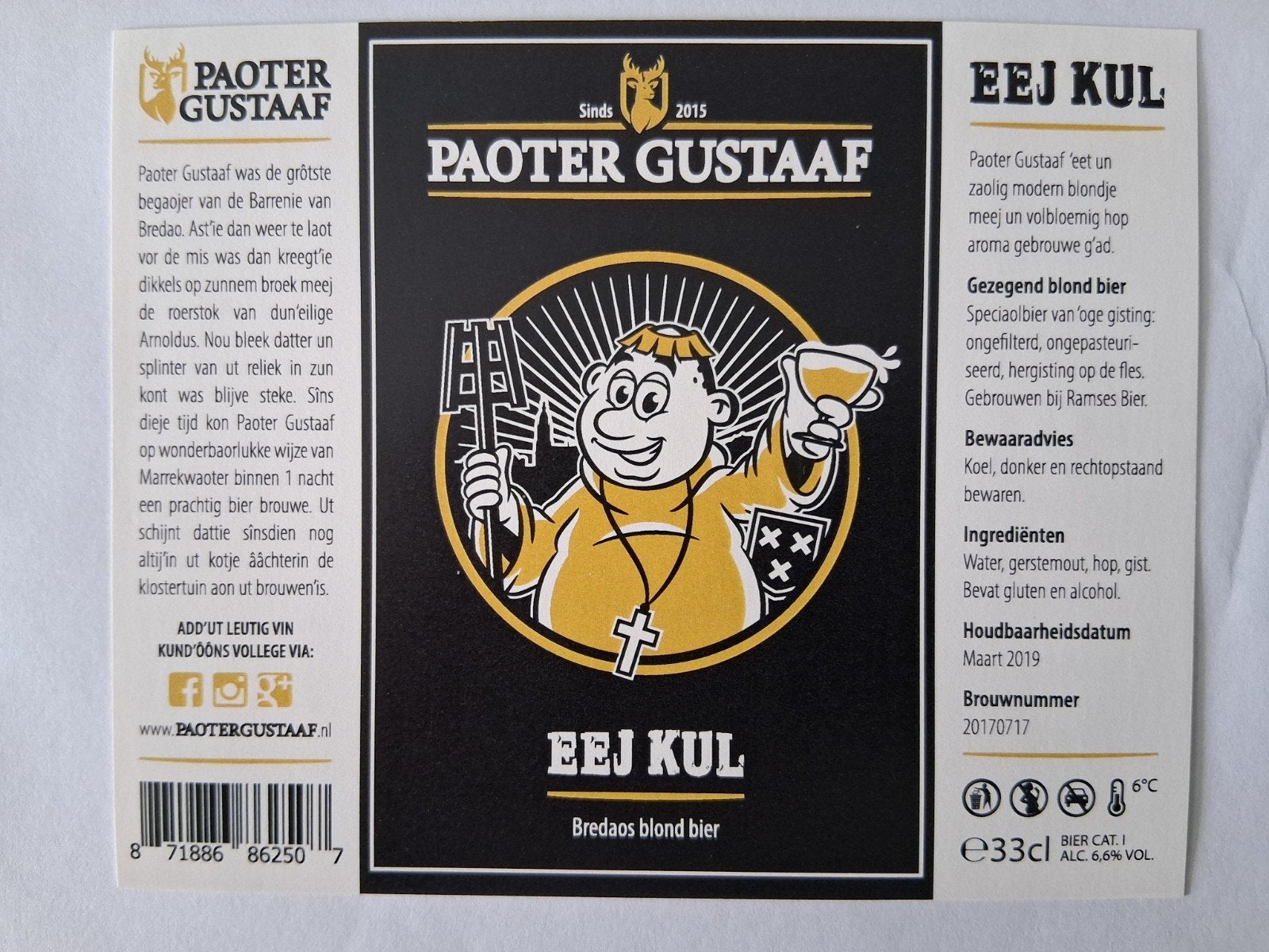 bieretiket Nederland Paoter Gustaaf : Eej Kul, Envoi, Neuf, Autres types, Autres marques