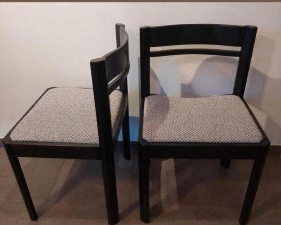 Een set van 6 mooie brutalist vintage stoelen, zwart gebeits, Ophalen, Zwart, Stof