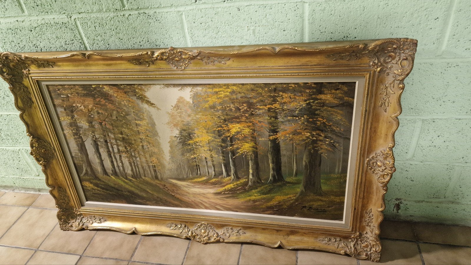 Grand Tableau Paysage sous-bois – Cadre Doré Ancien 143x75cm, Enlèvement, Classique, Signé, Paysage
