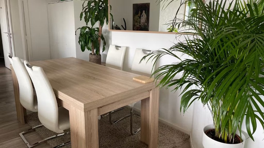 Table à manger chêne clair + 4 chaises blanches, Maison & Meubles, 150 à 200 cm, Cinq personnes ou plus, Comme neuf, 100 à 150 cm