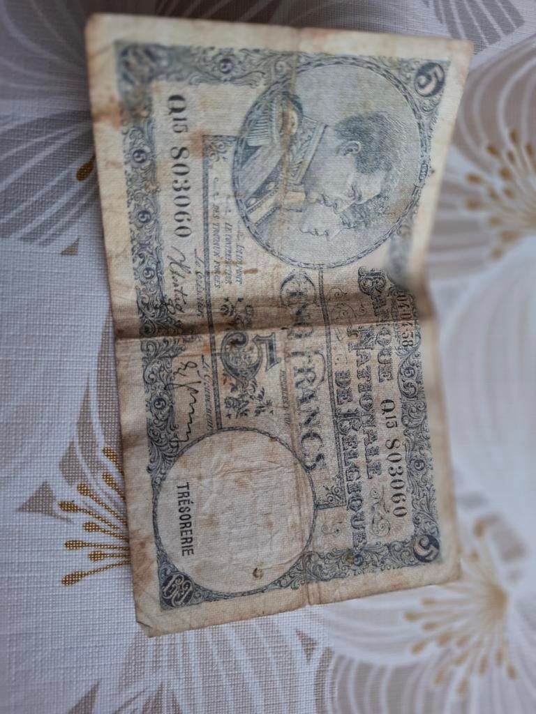 Oud geldbriefje van 5 frank jaar 1938, Postzegels en Munten, Ophalen of Verzenden