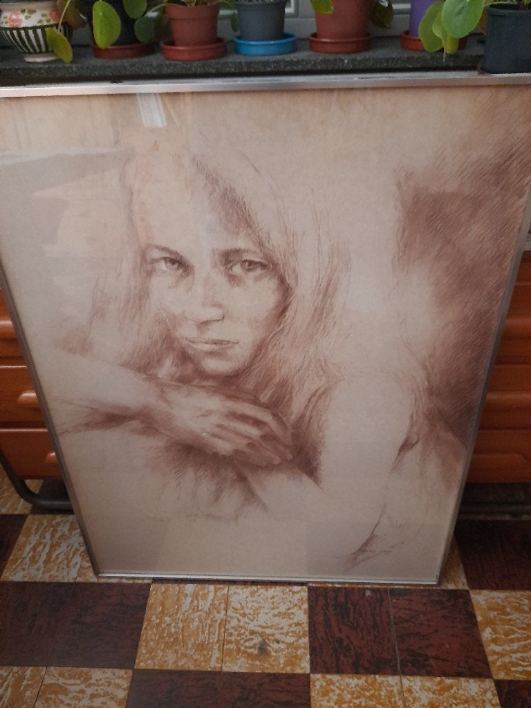 contépotloodtekening  jonge vrouw, Antiek en Kunst, Ophalen, Ingelijst, Portret