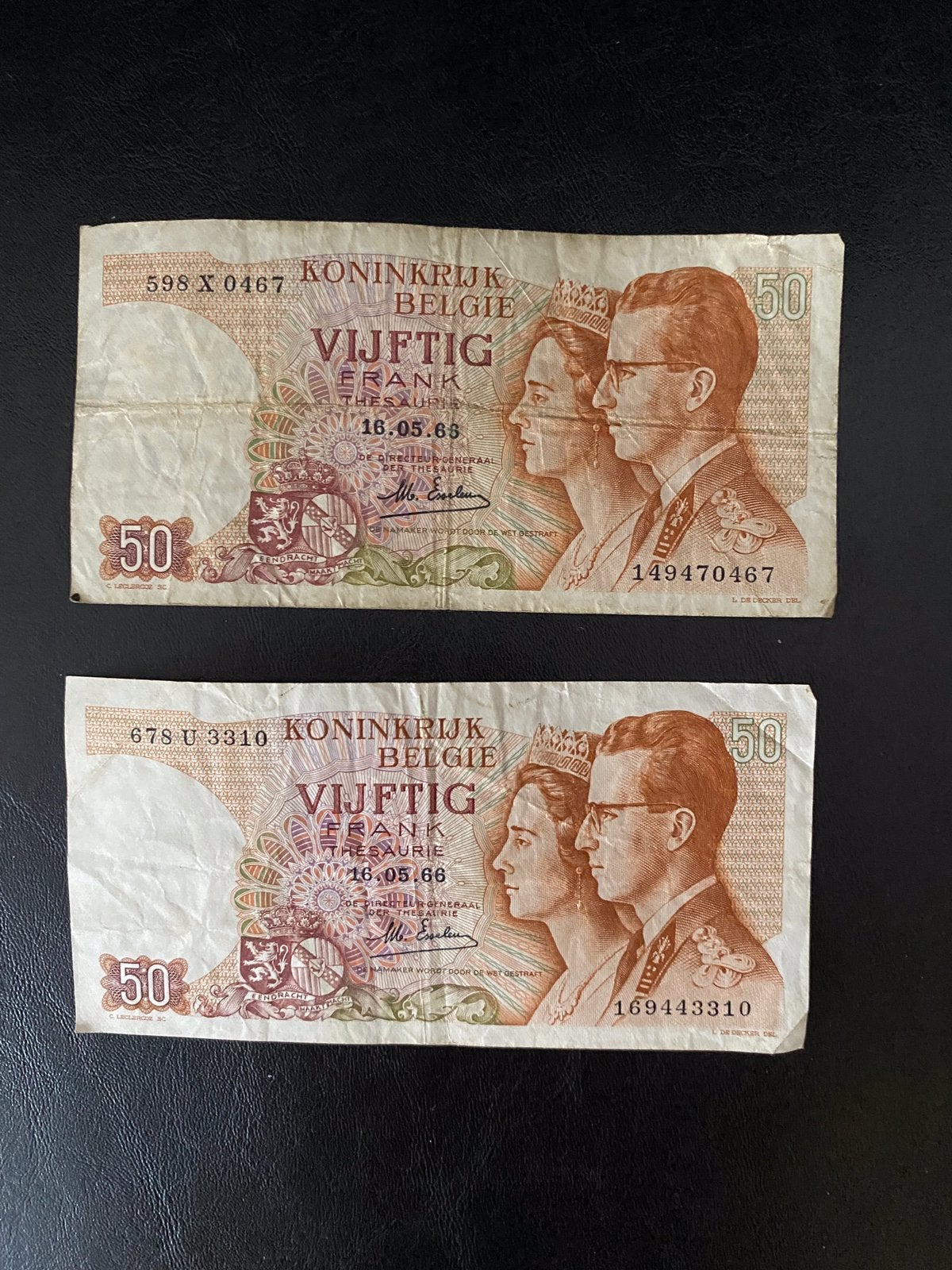 Twee oude belgische 50 frank briefjes 1966, Ophalen, Bankbiljetten