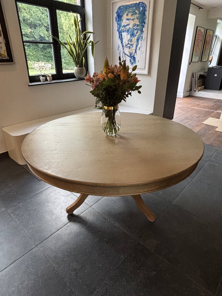 Ronde eiken tafel, Huis en Inrichting, Tafels | Eettafels, Ophalen, Eikenhout, massief, landelijke stijl, Zo goed als nieuw, Vijf personen of meer