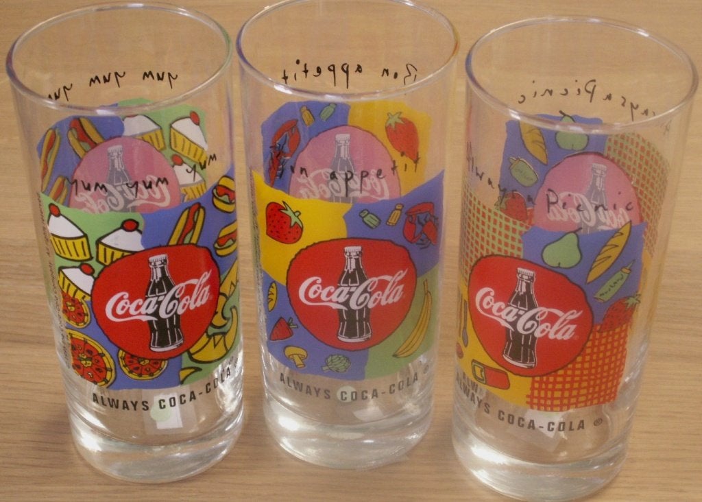Set: 3 Coca Cola glazen div afbeeldingen yum yum yum Always, Ophalen of Verzenden, Nieuw