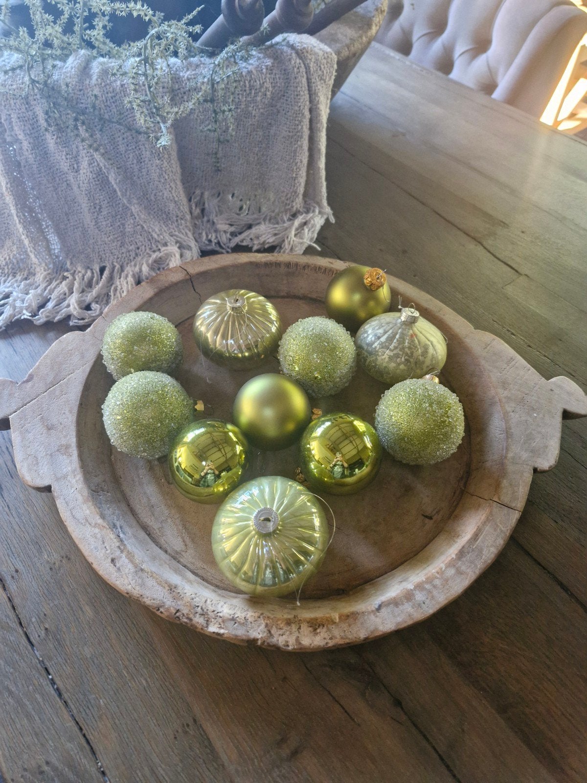 11 groene kerstballen glas – glitter, mat en glanzend – vint, Ophalen, Zo goed als nieuw