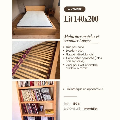 Lit 140 x 200 Malm avec matelas et sommier Lönser, IKEA Malm avec matelas et sommier Lönser, Beige, Enlèvement, 200 cm
