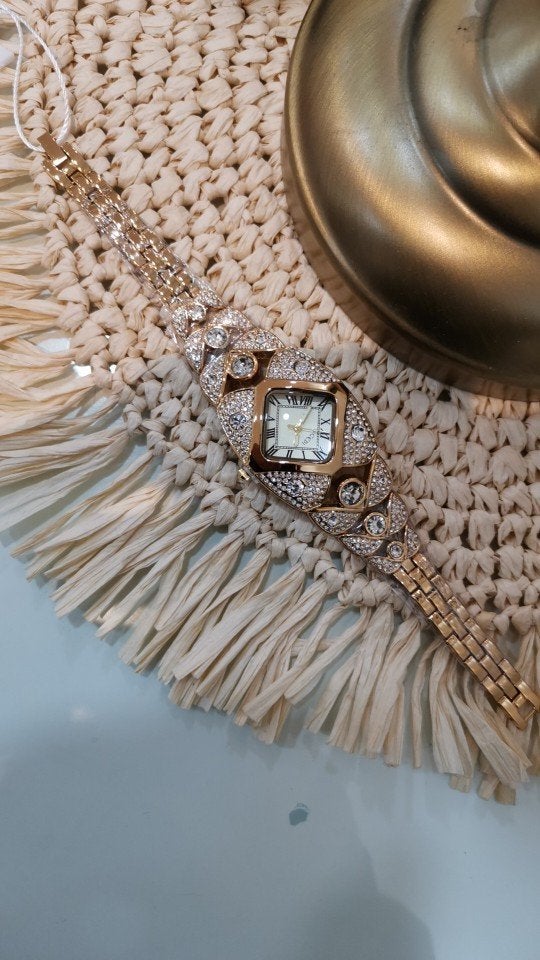 Gouden dames polshorloge met strass, Antiek en Kunst, Verzenden