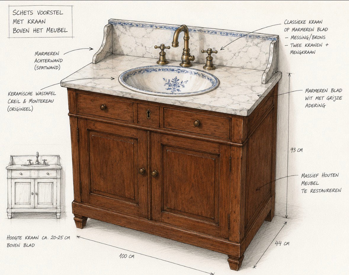Antieke/vintage wastafelkast met marmeren blad en lavabo, Ophalen, Gebruikt