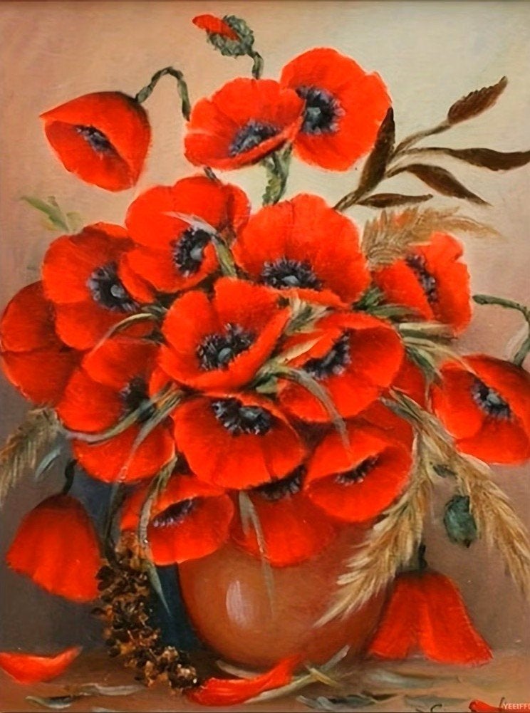 Peinture au diamant 40x30cm Fleurs rouges n 275, Neuf, Enlèvement ou Envoi, Natuur en Bloemen, Autres matériaux