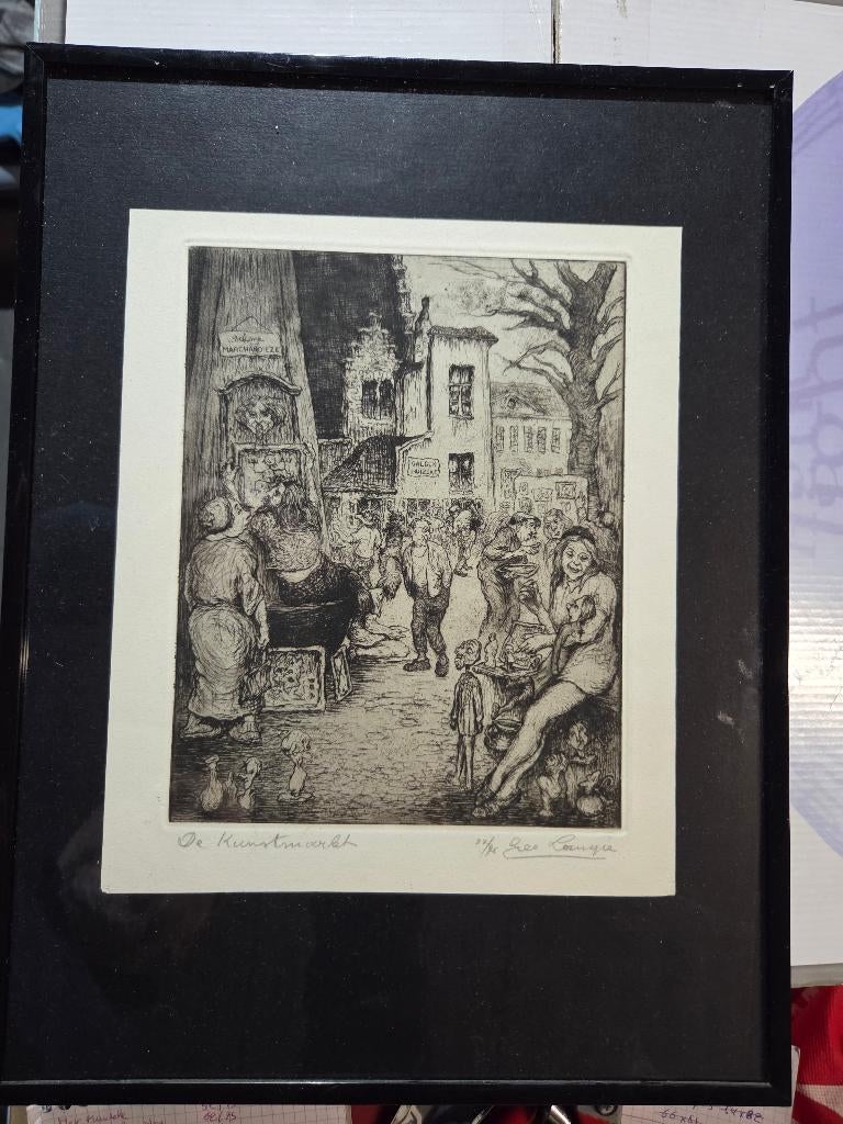 G. Langie: ets: 'De Kunstmarkt'; Gentse kunstenaar, Ophalen of Verzenden