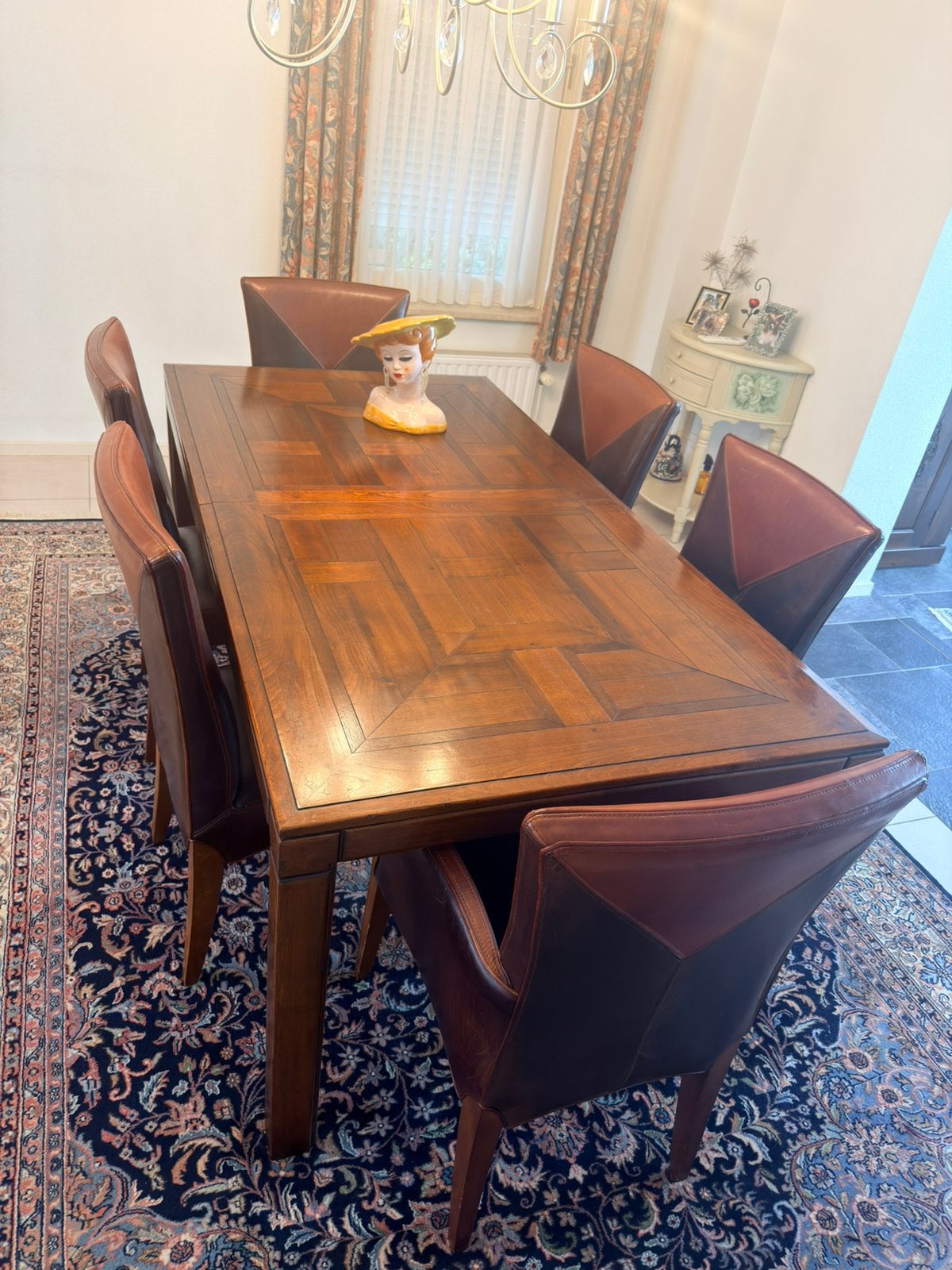 Luxe kersenhouten eettafel met 6 lederen stoelen, Huis en Inrichting, Ophalen, Gebruikt, 4 tot 6 stoelen