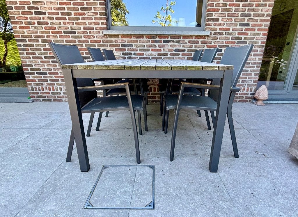 Tuintafel + 6 stoelen Jati & Kebon, Tuin en Terras, Tuinsets en Loungesets, Ophalen, Gebruikt, 6 zitplaatsen, Aluminium