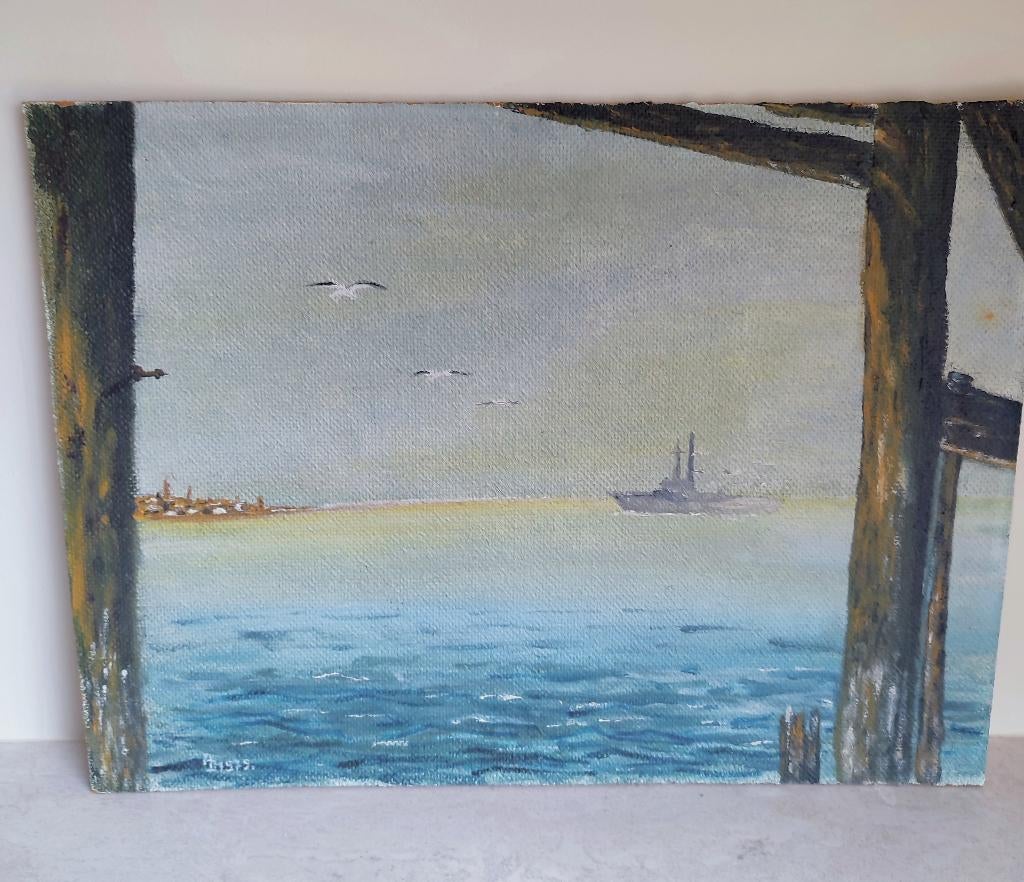 Olieverfschilderij zeezicht 1978: 'onder de pier'. 40 x 30, Ophalen of Verzenden