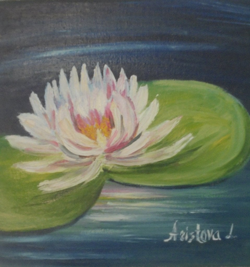 klein olieschilderij waterlelie op schilderezeltje, Bloemen, Doek, Ophalen of Verzenden, Olieverf