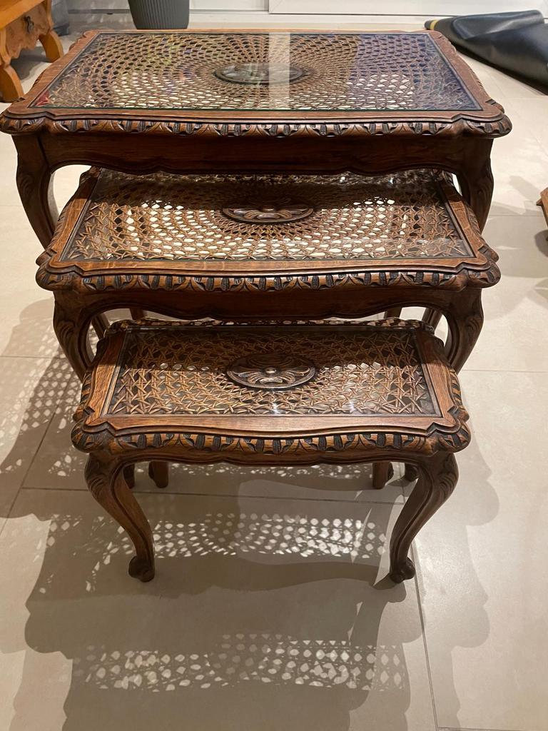 Table gigogne cannelée + vitre, Maison & Meubles, Tables | Tables de salon, Enlèvement, Utilisé, Rectangulaire, Chêne