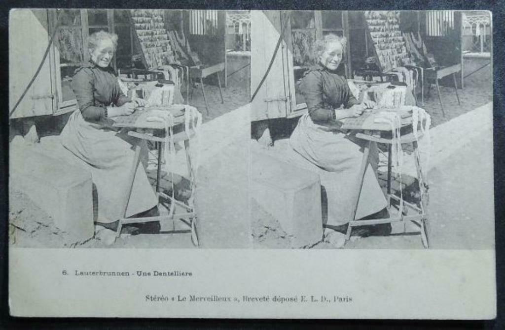 Stereoscopische kaart Lacemaker Lauterbrunnen (Zwitserland), Verzamelen, Ophalen of Verzenden, Ongelopen, Overig Europa