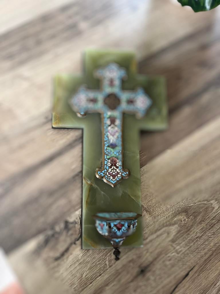 Cloisonne kruisbeeld met wijwatervat anno 1800/1850, Ophalen of Verzenden