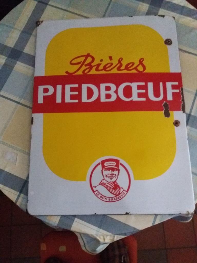 Bieren Piedboeuf oud emaillebord uit 1947  Afm: 78cm x 58cm, Ophalen, Gebruikt, Reclamebord