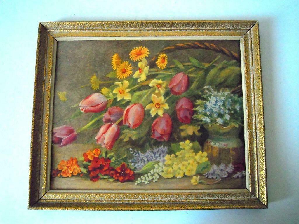 Oude vergulde kader met lentebloemen, Antiek en Kunst, Ophalen of Verzenden