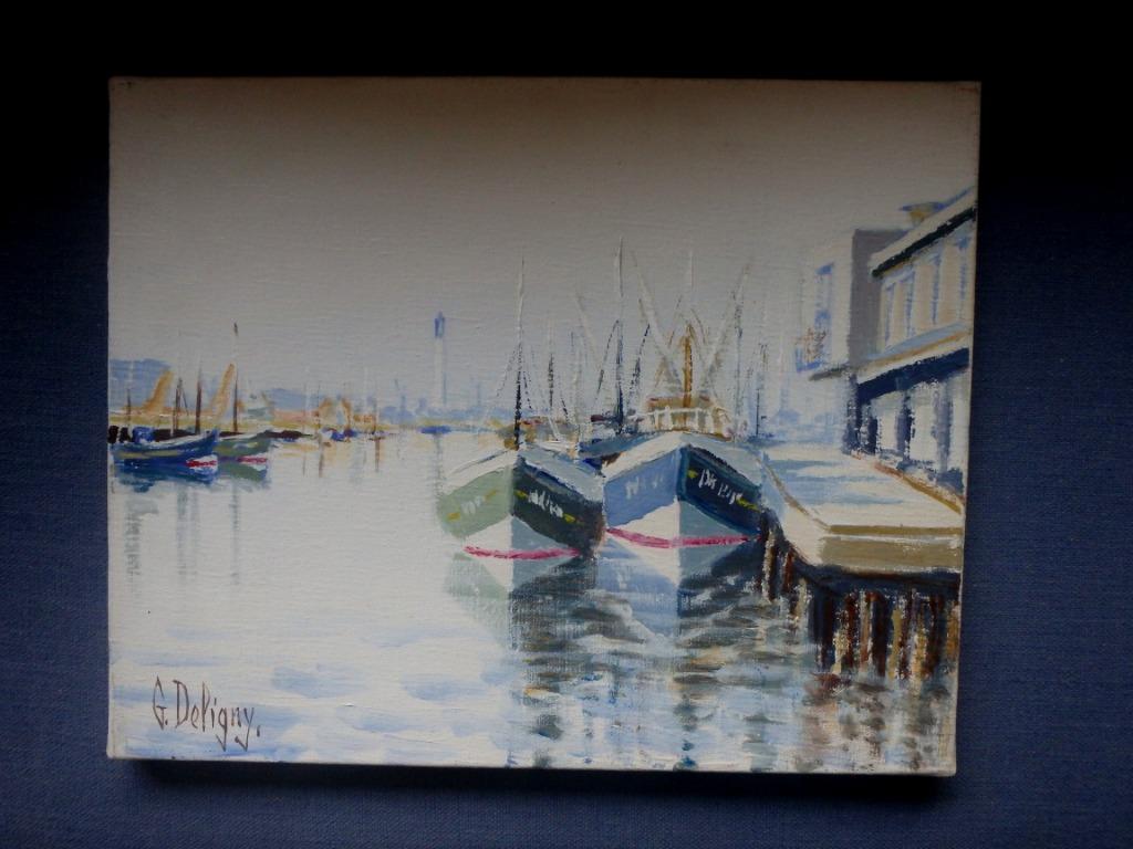 Haven van Duinkerken en riviergezicht (2x) - Gerard Deligny, Antiek en Kunst, Kunst | Schilderijen | Klassiek, Ophalen of Verzenden