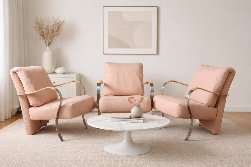Set van 3 vintage roze lounge stoelen, Huis en Inrichting, Fauteuils, Ophalen, Gebruikt, Stof, 50 tot 75 cm