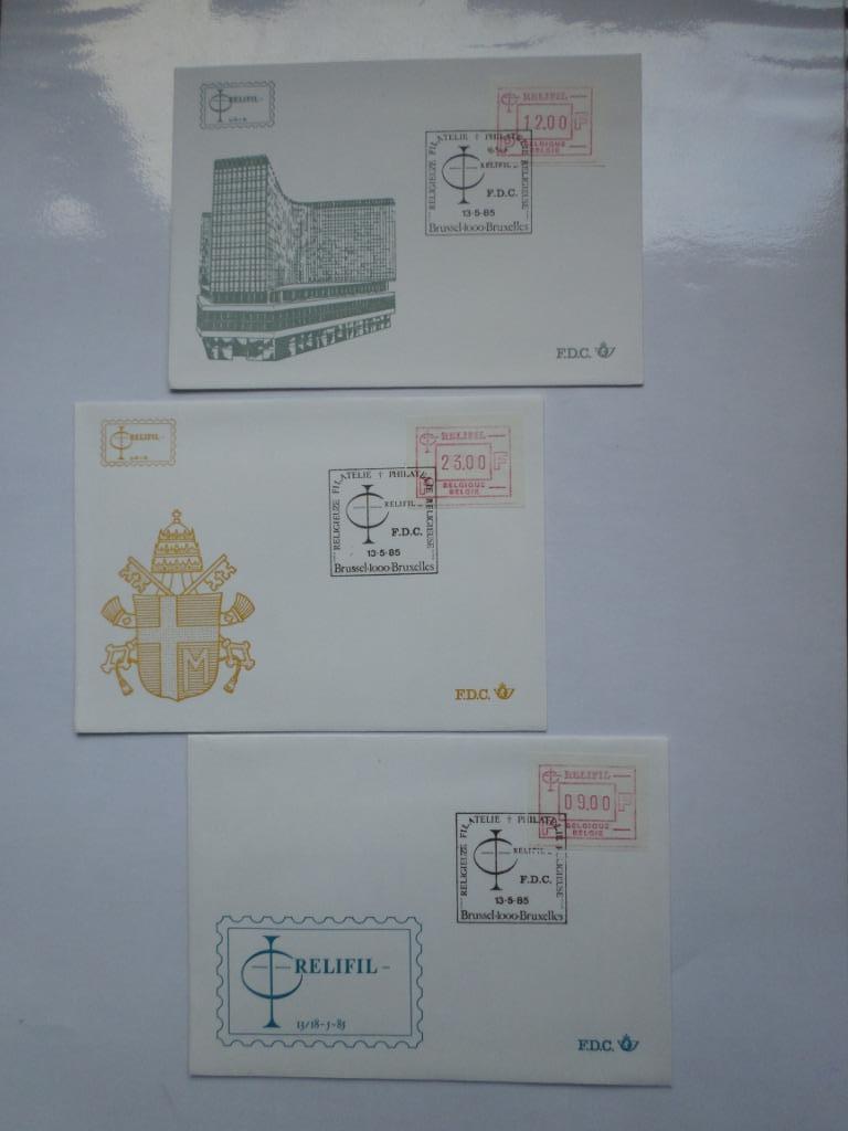 3 x FDC Belgie 1985 Relifil frankeervignet, Met envelop, Ophalen of Verzenden, Gestempeld, 1e dag stempel