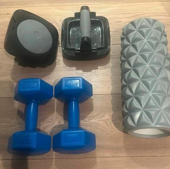 Sportset halters foamroller gewichten push-up fitness, Sport en Fitness, Fitnessmaterialen, Ophalen of Verzenden, Zo goed als nieuw